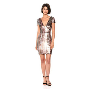 Dress the Population Zoe Cap Sleeve Plunging Sequin Mini Dress Sz L